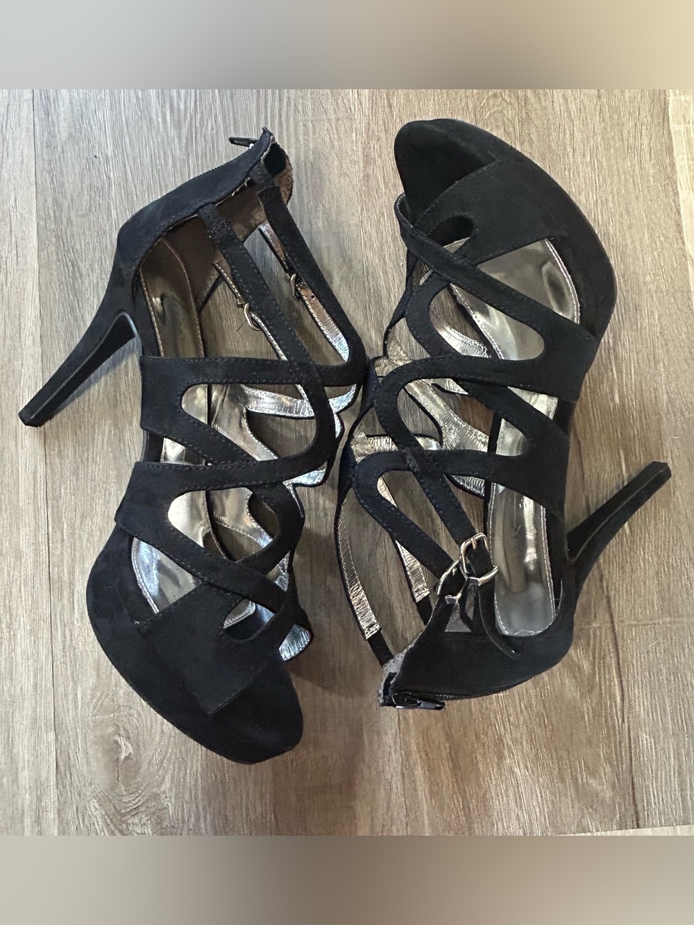REPORT Laleh Black Suede Strappy Cage Platform Stiletto Heels